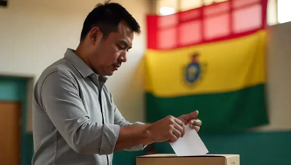 Hombre votando en elecciones de Bolivia con la bandera nacional de fondo