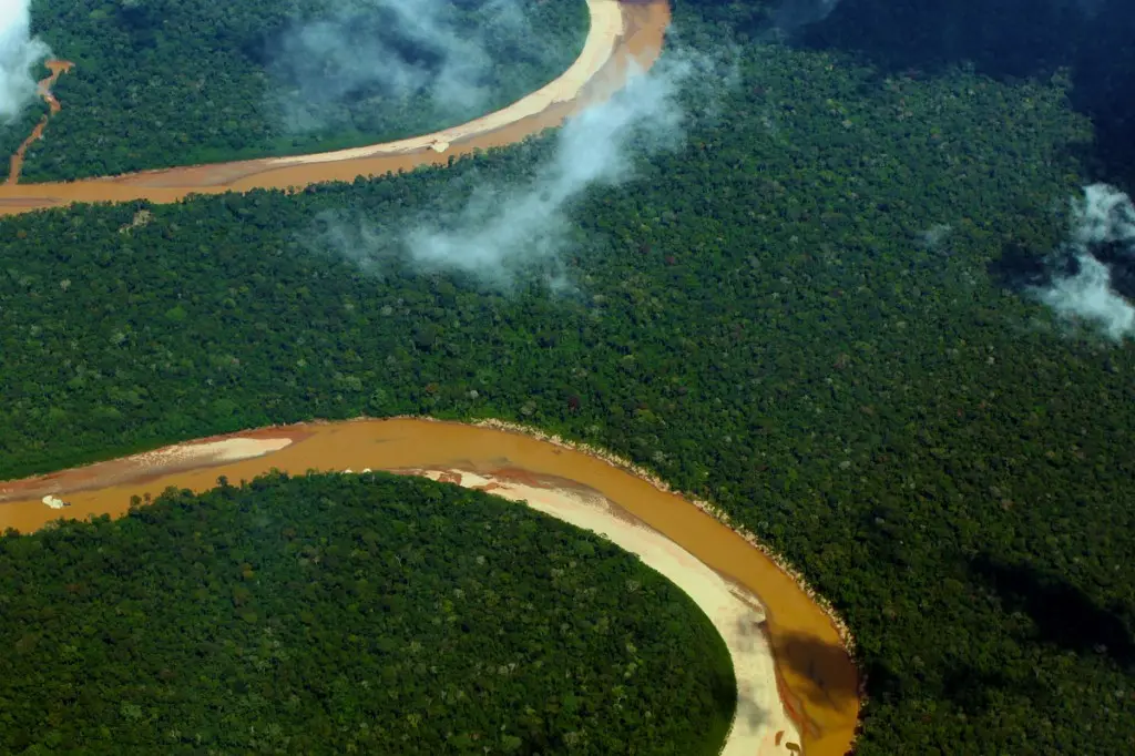 Vista aérea de la selva amazónica y el río serpenteante