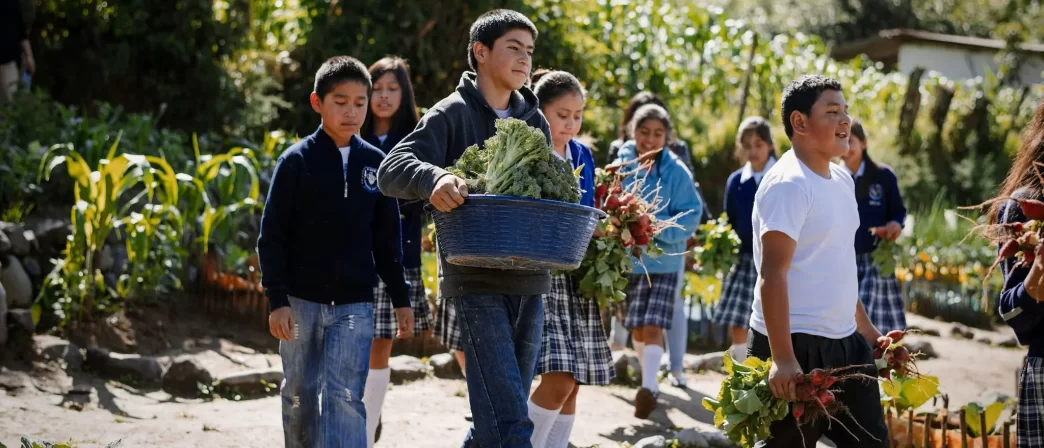 Niños en escuela rural con cultivos en América Latina