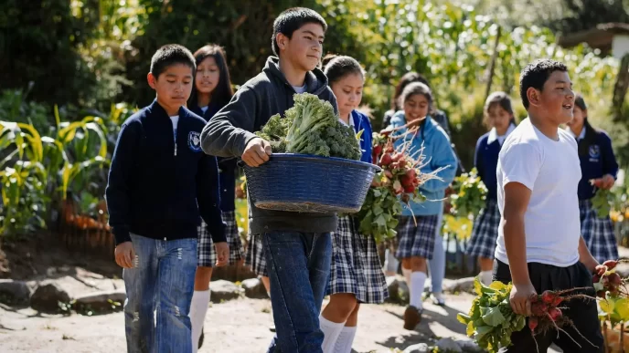 Niños en escuela rural con cultivos en América Latina