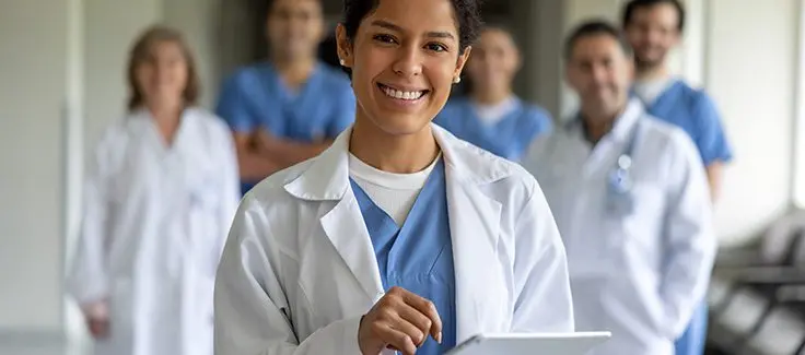 Médica joven junto a un equipo de doctores en Latinoamérica.