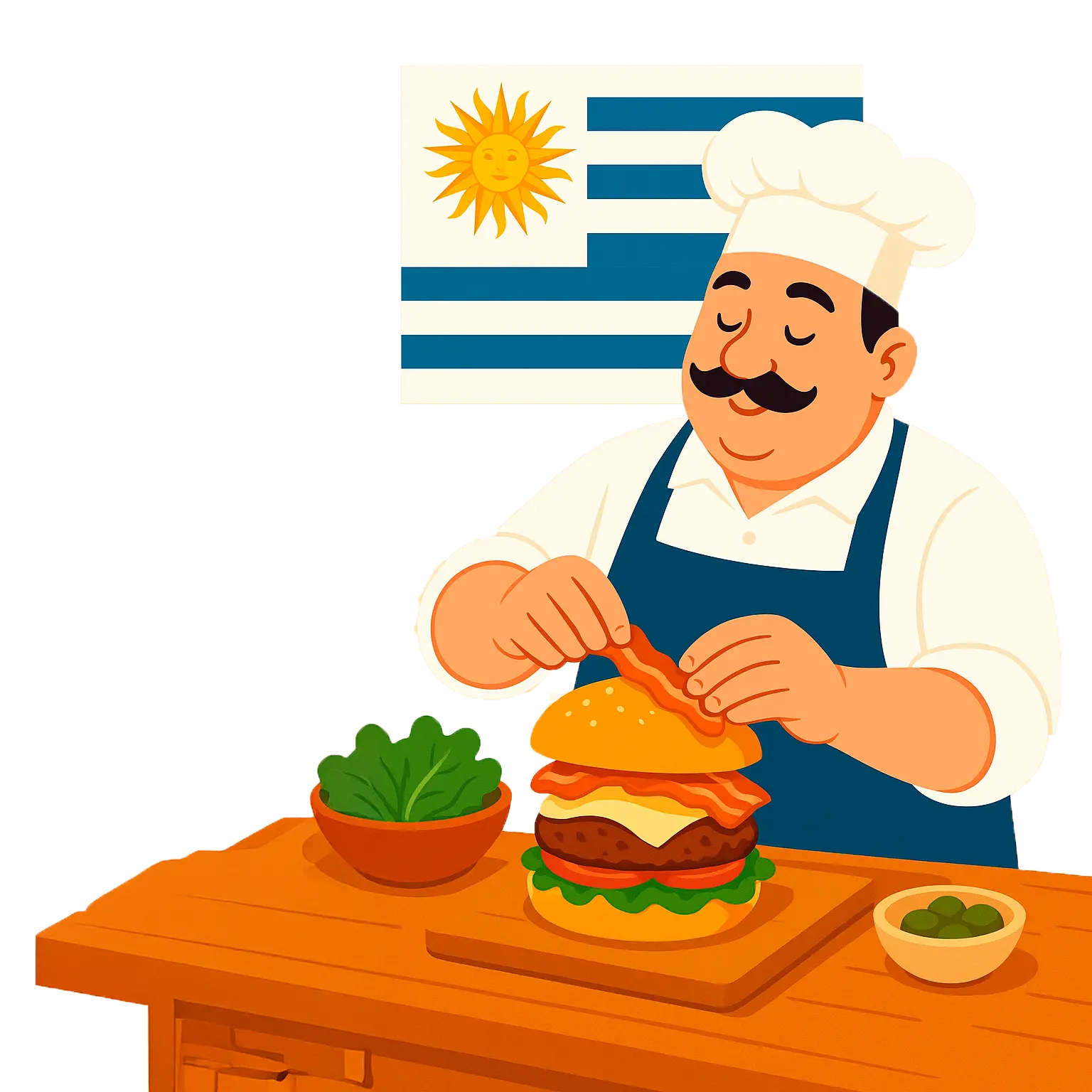 Ilustración de un chef preparando un chivito uruguayo