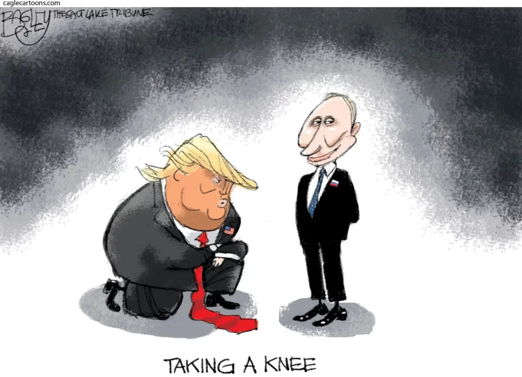 Caricatura de Trump arrodillado frente a Putin.