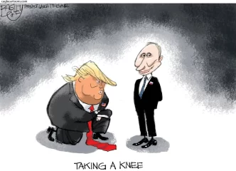 Caricatura de Trump arrodillado frente a Putin.