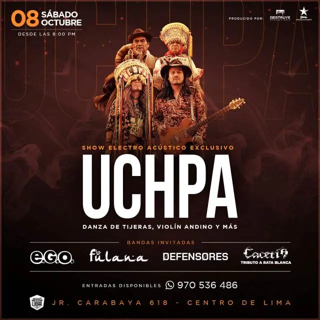 Afiche promocional de la película "UCHPA" con show electro acústico en Lima.