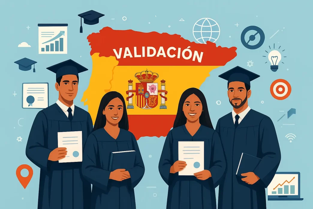 Ilustración de graduados frente al mapa de España con la palabra Validación