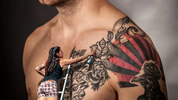 Mujer pintando un tatuaje sobre el hombro de un hombre.