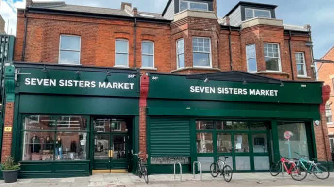Fachada principal del renovado Seven Sisters Market en Londres.