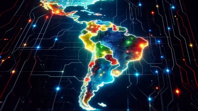 Mapa digital de América Latina iluminado que representa la interconexión tecnológica de la región.