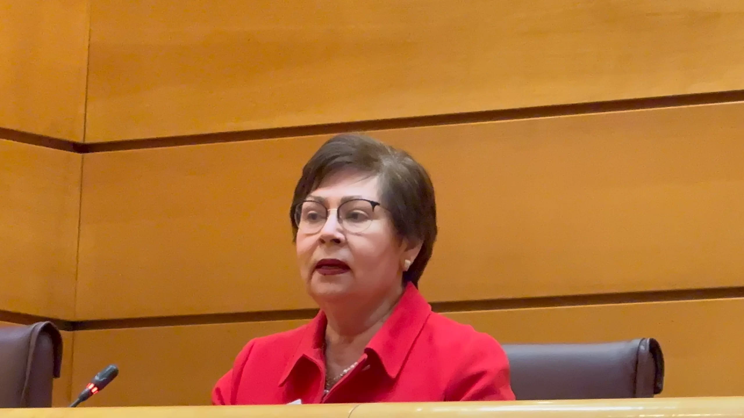 Mujer ponente interviene en el Foro Europeo de Mujeres en el Senado de España.