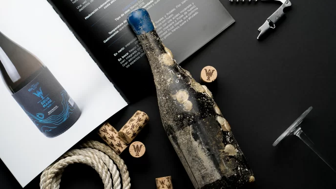 Botella de vino submarino cubierta de sedimentos junto a corchos y material de cata.