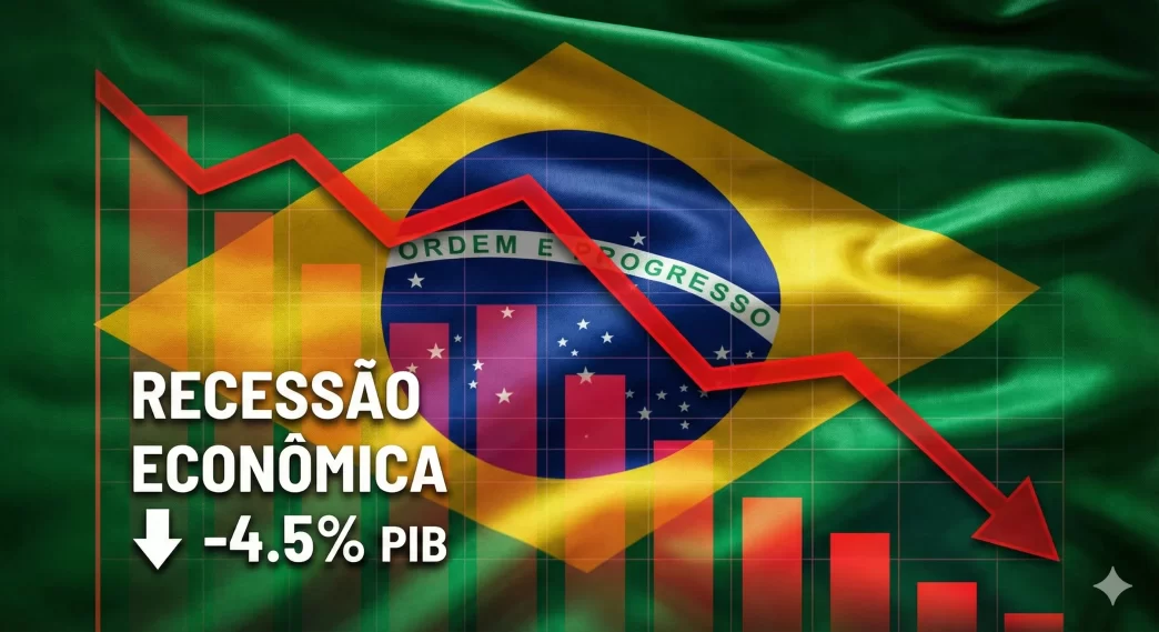 crisis en Brasil representada por una gráfica de recesión económica sobre la bandera