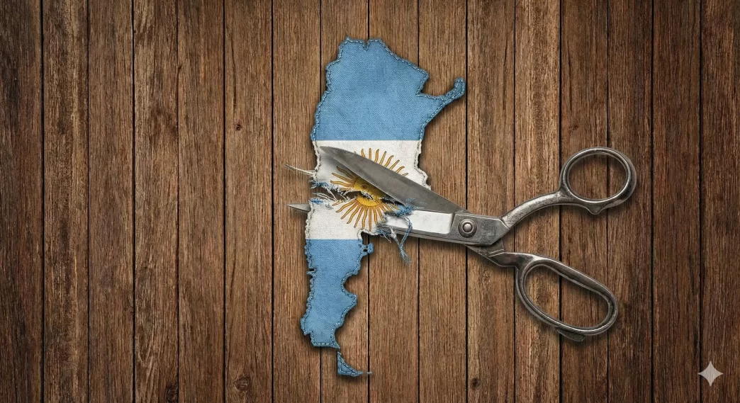 crisis en Argentina simbolizada por tijeras recortando el mapa del país