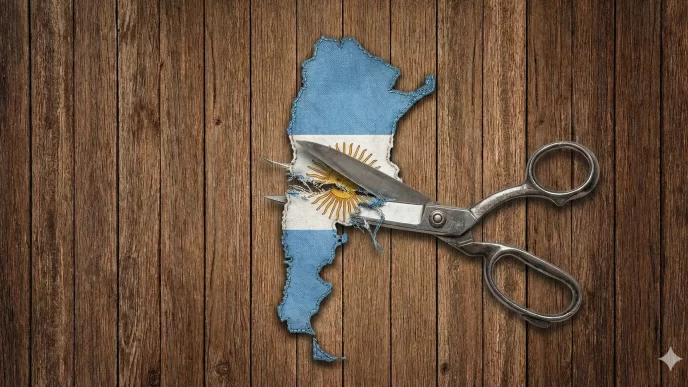 crisis en Argentina simbolizada por tijeras recortando el mapa del país