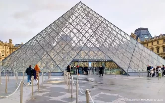 Entrada principal del Museo del Louvre en París con visitantes frente a la pirámide de cristal.