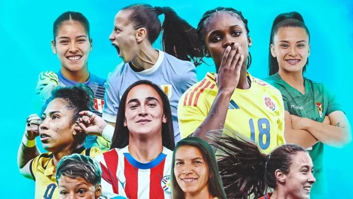 Jugadoras de distintas selecciones sudamericanas en el afiche oficial de la Liga de Naciones Femenina.