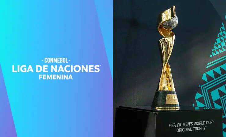 Logo de la Conmebol Liga de Naciones Femenina junto al trofeo de la Copa Mundial Femenina.