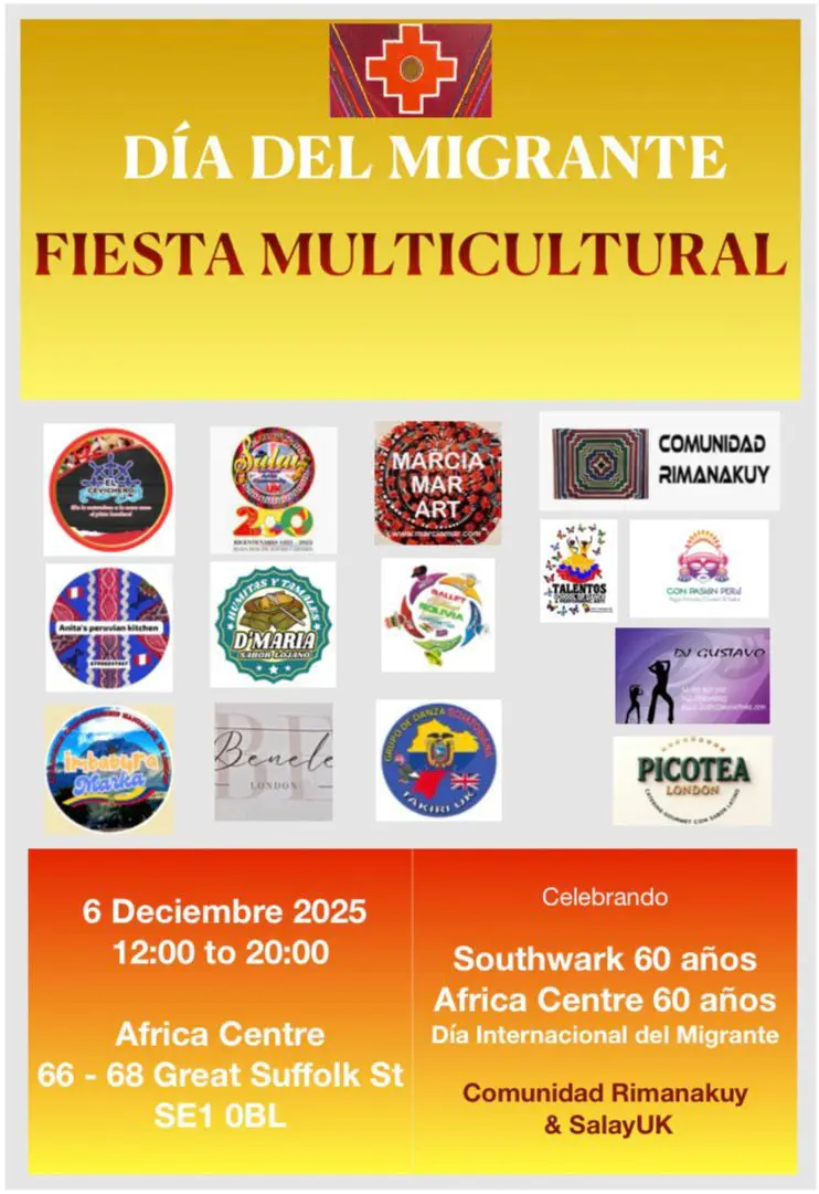Afiche del Día del Migrante en Southwark celebra diversidad cultural.