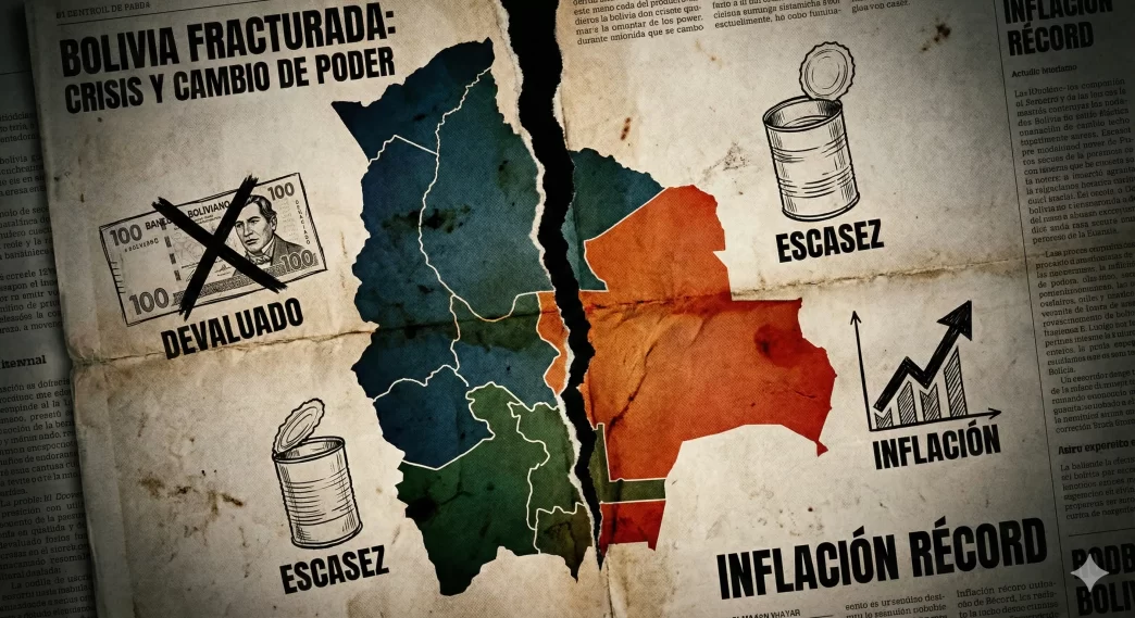 crisis en Bolivia representada con un mapa fracturado, inflación y escasez