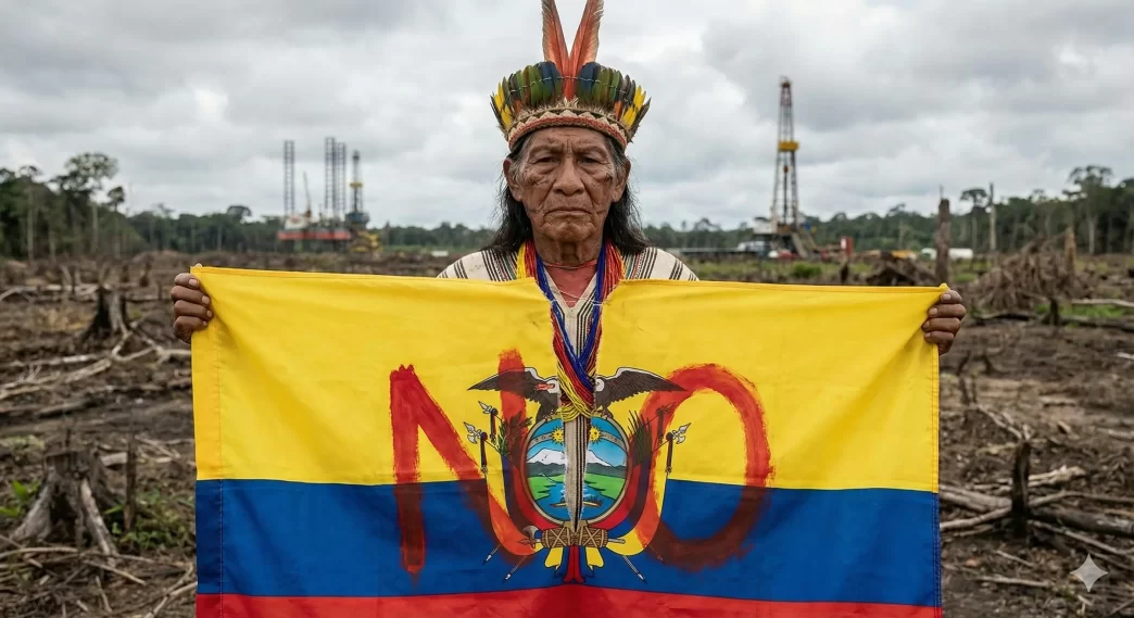 protesta indígena amazónica durante la crisis en Ecuador con rechazo al referéndum