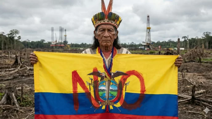 protesta indígena amazónica durante la crisis en Ecuador con rechazo al referéndum