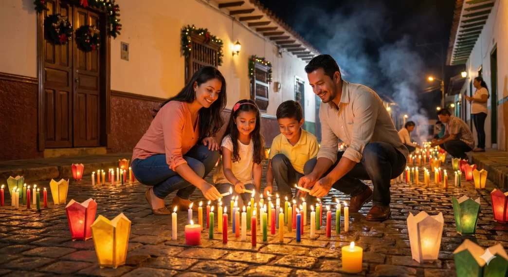 Familia encendiendo velas durante el Día de las Velitas en una calle tradicional.
