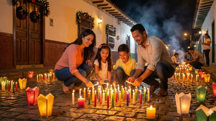 Familia encendiendo velas durante el Día de las Velitas en una calle tradicional.