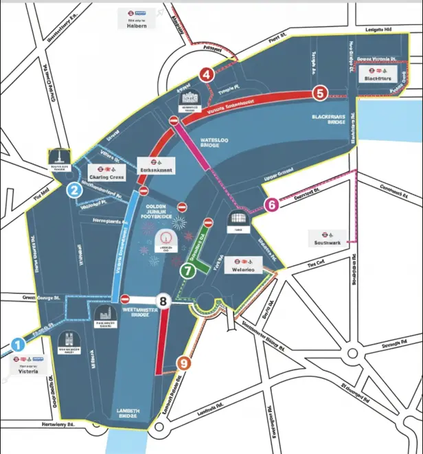 Mapa oficial de zonas y accesos para los juegos artificiales Londres 2025 en el centro de Londres