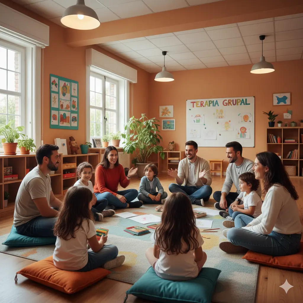 Apoyo autismo familias latinas Lambeth en sesión grupal comunitaria con padres y niños en un espacio de acompañamiento familiar.