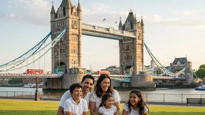 Familia latinoamericana en Londres frente al Tower Bridge representando cuántos latinoamericanos viven en UK.