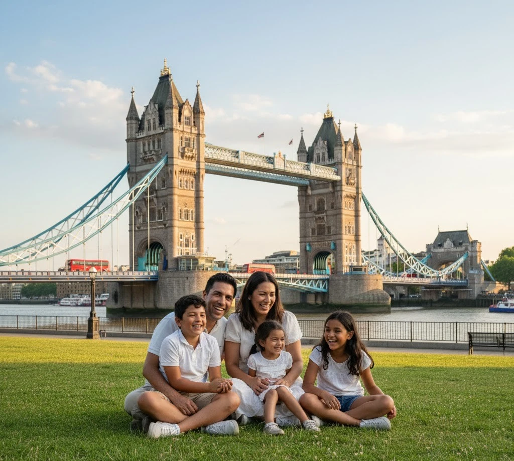 Familia latinoamericana en Londres frente al Tower Bridge representando cuántos latinoamericanos viven en UK.