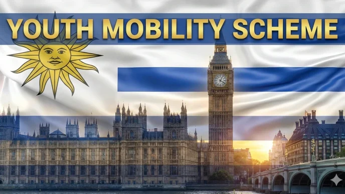 Youth Mobility Scheme Uruguay Reino Unido 2026 con bandera de Uruguay y Big Ben en Londres