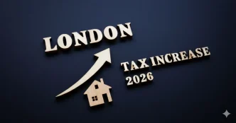 Subida council tax Londres 2026 con gráfico de aumento y vivienda en fondo azul.