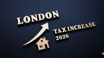 Subida council tax Londres 2026 con gráfico de aumento y vivienda en fondo azul.