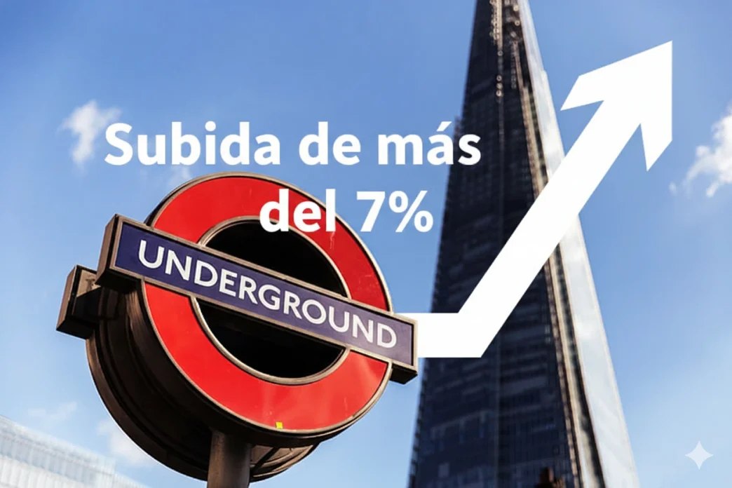 Subida tarifas Tube en Londres con el logo del Underground y una flecha ascendente indicando aumento de precios.