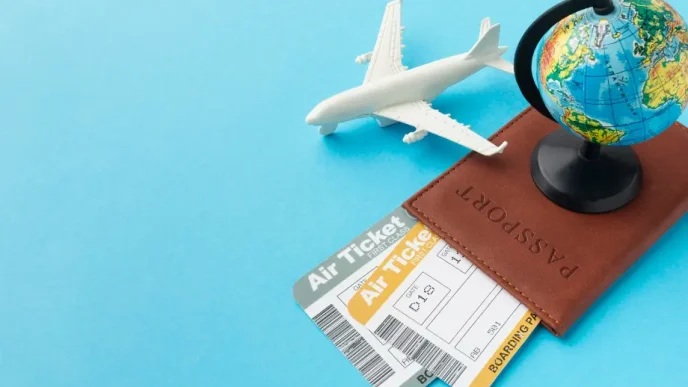 Imagen conceptual sobre crisis de valores políticos con pasaporte, boletos de avión y globo terráqueo sobre fondo azul.