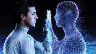 Representación de Medicina Gemela con un paciente frente a su gemelo digital holográfico.