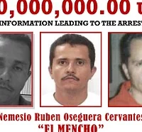 Muerte del Mencho: cartel de búsqueda del FBI con retratos de Nemesio Oseguera Cervantes, líder del CJNG.
