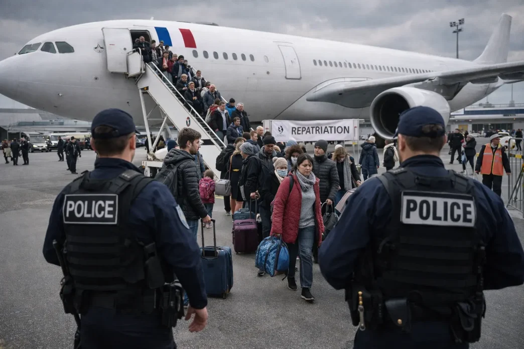 Evacuación de franceses de Oriente Medio con ciudadanos descendiendo de un avión tras repatriación