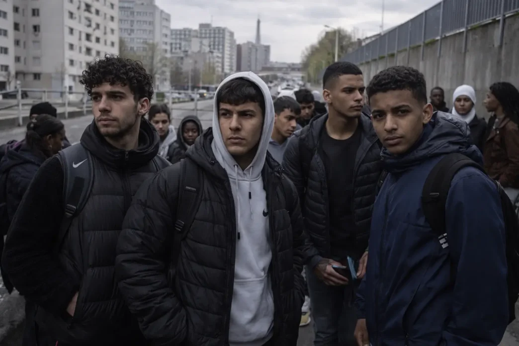 discriminación jóvenes Francia en barrios populares de París con jóvenes caminando en grupo