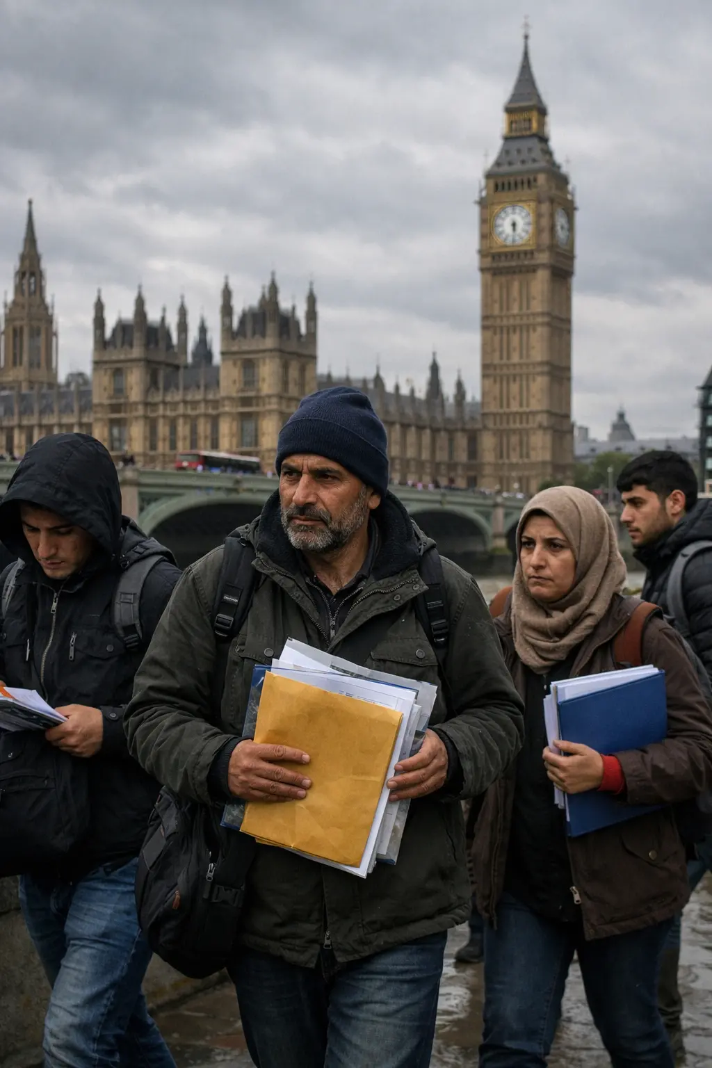 estatus refugiado Reino Unido solicitantes de asilo con documentos frente al Parlamento en Londres