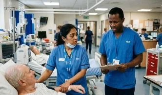 Escasez de personal en el NHS con médicos revisando paciente en hospital