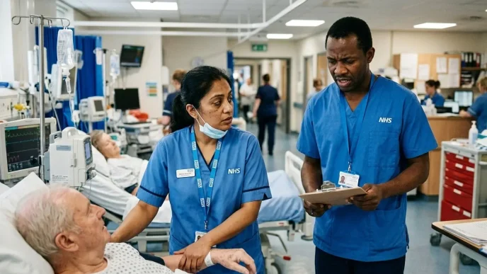 Escasez de personal en el NHS con médicos revisando paciente en hospital