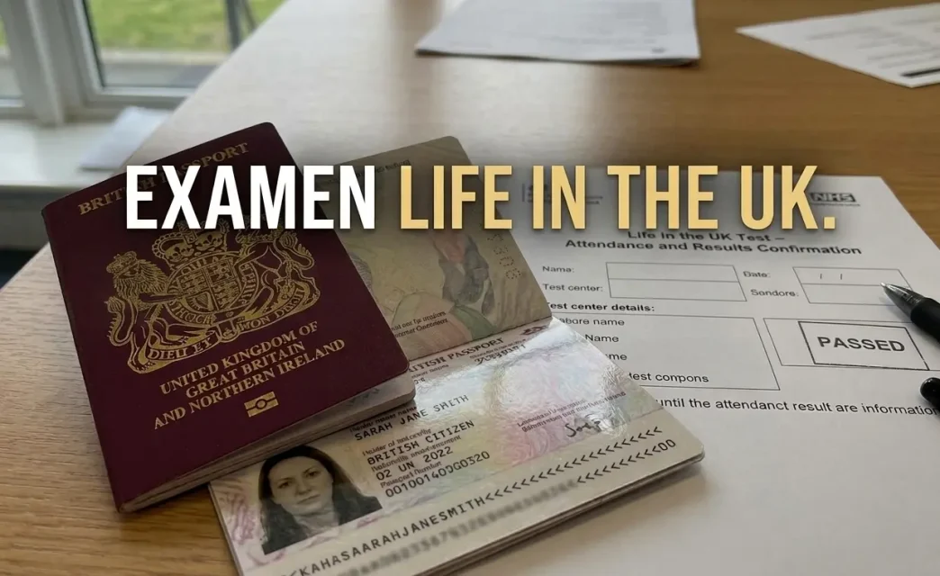 Documento del examen Life in the UK junto a pasaporte británico necesario para solicitar la nacionalidad en Reino Unido