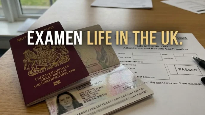 Documento del examen Life in the UK junto a pasaporte británico necesario para solicitar la nacionalidad en Reino Unido