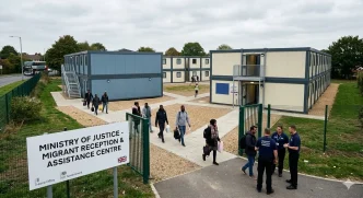 reforma del asilo del Reino Unido en centro de acogida con solicitantes caminando