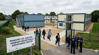 reforma del asilo del Reino Unido en centro de acogida con solicitantes caminando