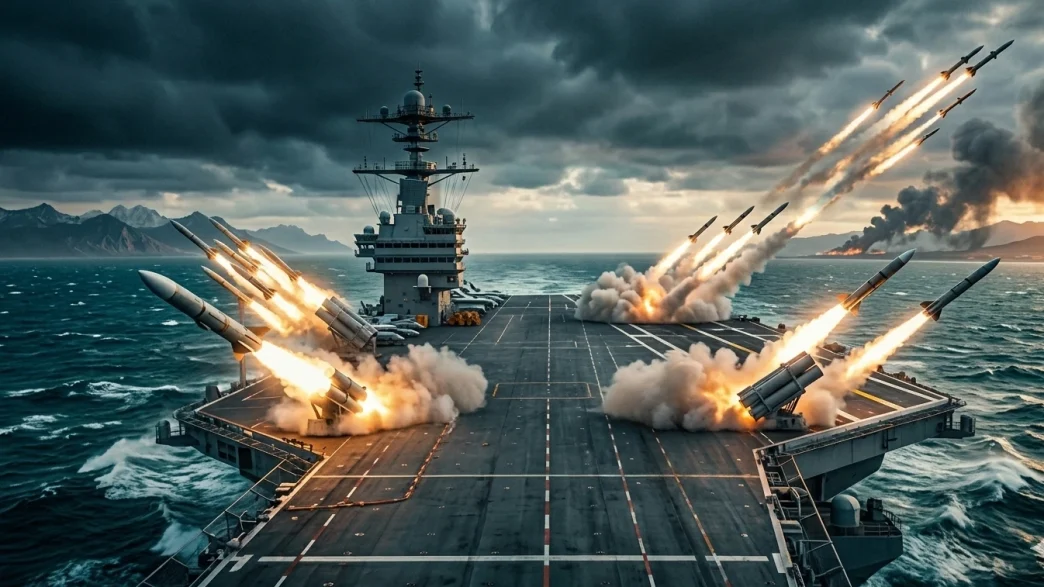 Portaaviones lanza misiles en el marco de la Guerra contra Irán en aguas estratégicas.