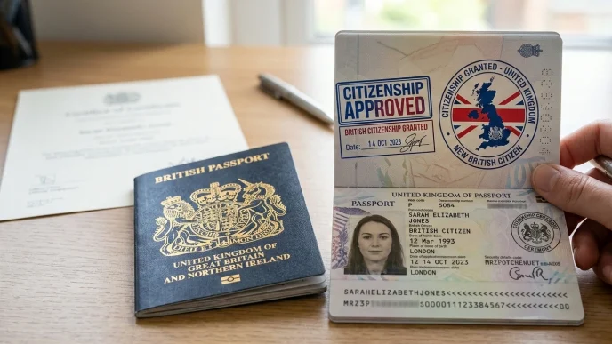 Certificado de naturalización y pasaporte del Reino Unido durante el proceso de cómo solicitar la ciudadanía británica.