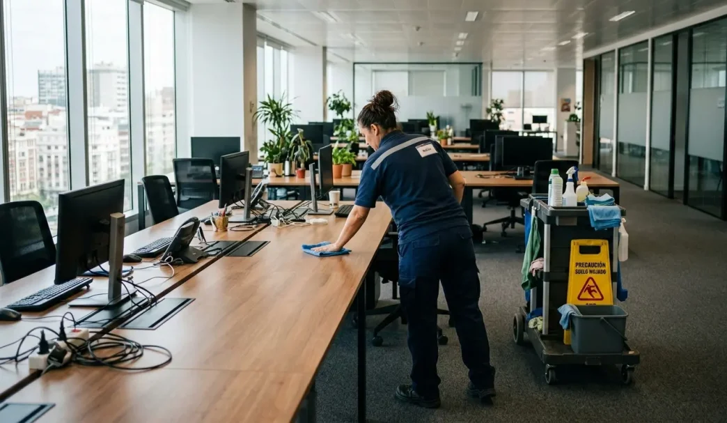 tarifas ilegales contra migrantes trabajador limpiando oficina en Reino Unido